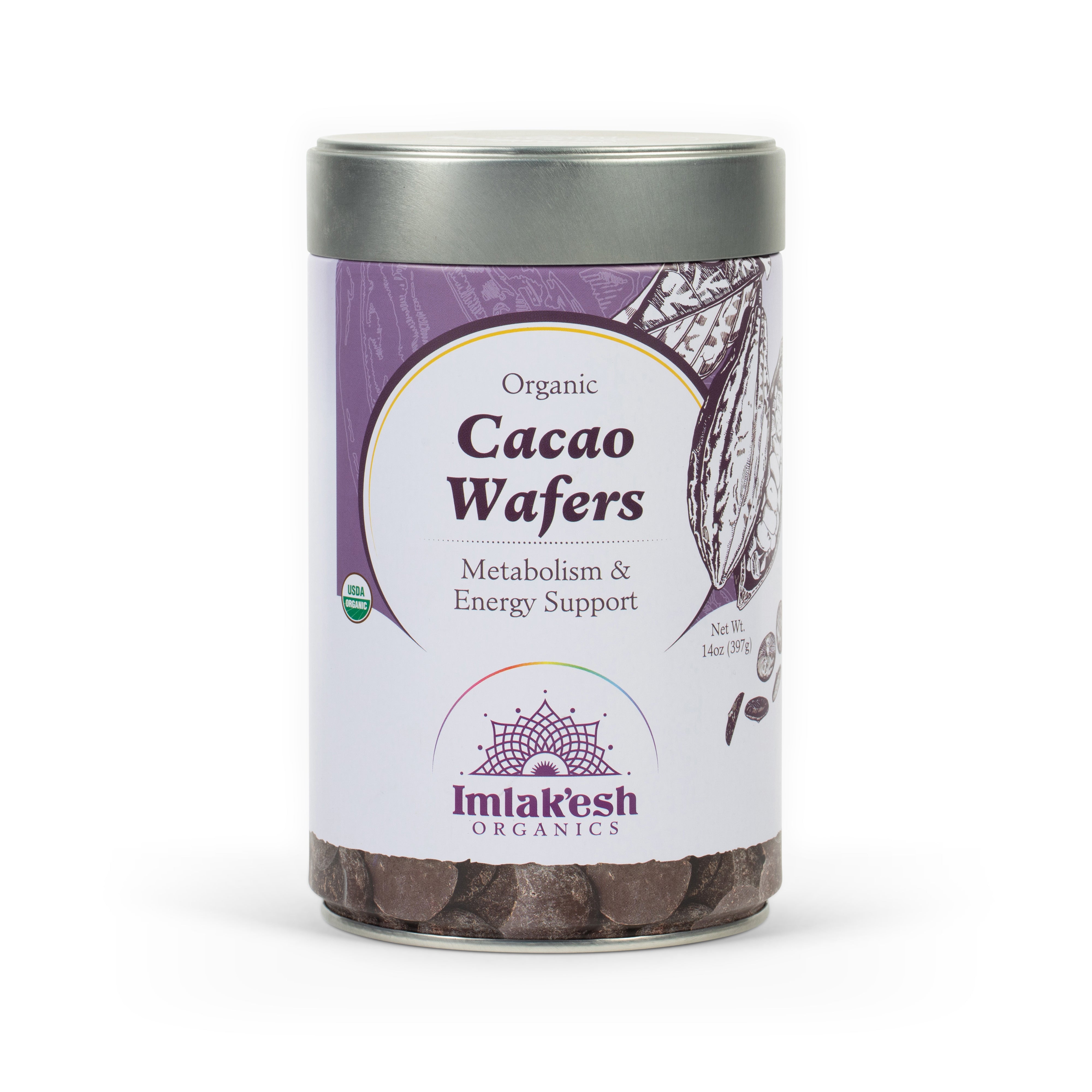 Imlak'esh Organics Cacao Wafers jar front view