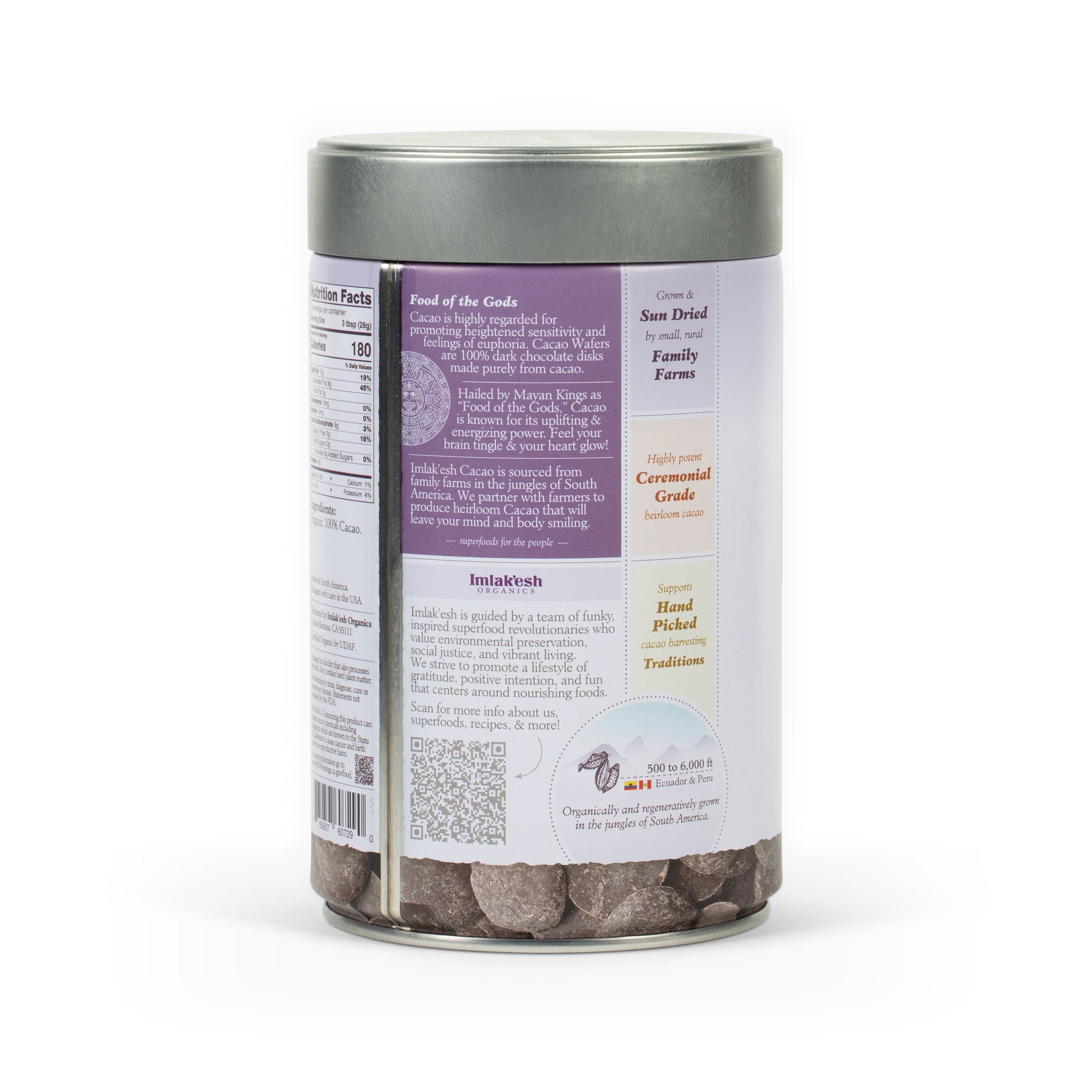 Imlak'esh Organics Cacao Wafers jar side angle